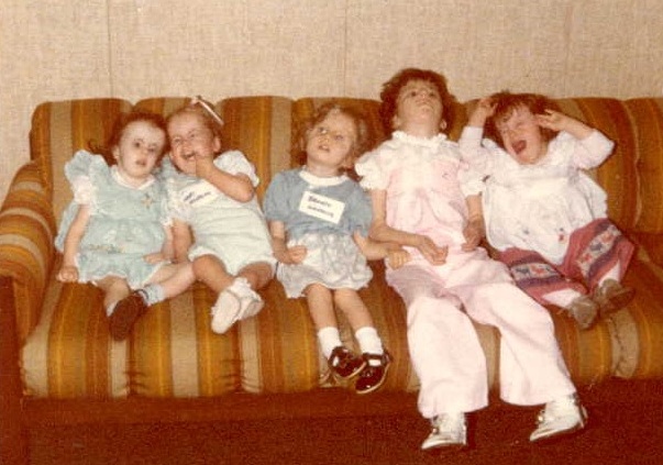 Five children with trisomy 18 seated together at the First Gathering, Salt Lake City, May 1980. Left to right: Rachael Watson, Kari Holladay, Brandy Woodcox, Kimberly Richins, and Tannyn Person.