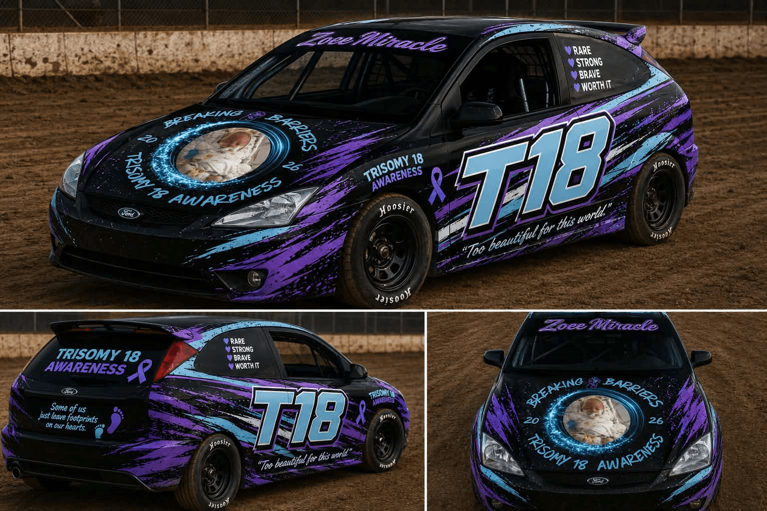 Sarah Wisecarver's dirt track race car number E18 Breaking Barriers Trisomy 18 with Zoee's picture on the hood